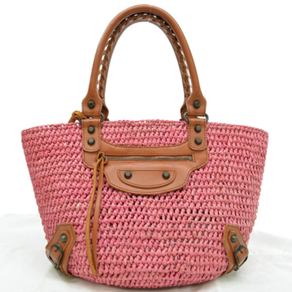 Balenciaga Basket Brown Straw Bag Leather Red - Picture 2 of 3